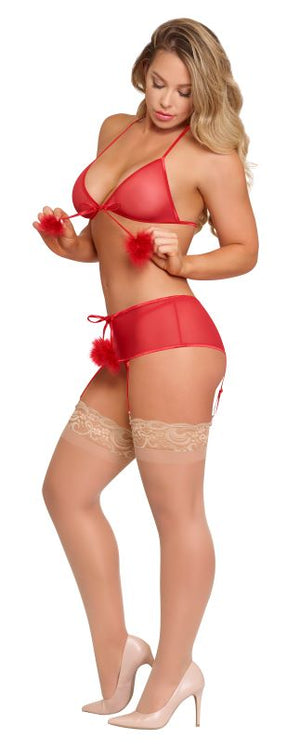 Marabou Bra Skirt & G-STRING Red S/M