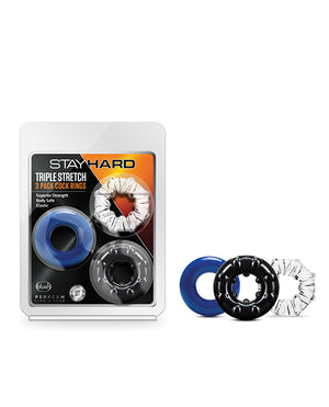 Stay Hard Triple Stretch 3 Pk Cock Ring Multi Color